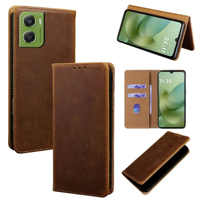 Voor Motorola Moto G06 4G / G06 Power 4G hoes Crazy Horse structuur Echt volledig leer RFID-blokkering Portemonnee telefoonhoes - Donkerbruin