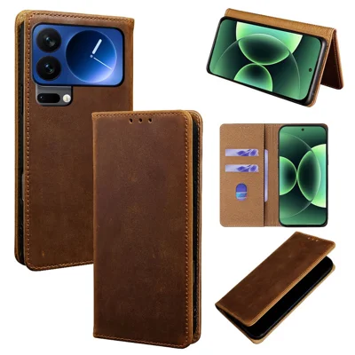 For Xiaomi 17 Pro Max Case Crazy Horse Texture Genuine Cow Leather RFID Blocking Wallet Phone Cover - Dark Brown