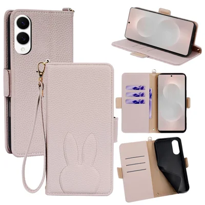 For Samsung Galaxy S25 Edge Wallet Case PU Leather Rabbit Imprinted Phone Cover with Detachable Wrist Strap - White