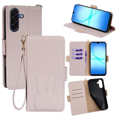 For Samsung Galaxy A17 5G / A17 4G Wallet Case PU Leather Rabbit Imprinted Phone Cover with Detachable Wrist Strap - White