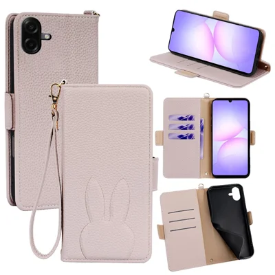 For Samsung Galaxy A07 5G Wallet Case PU Leather Rabbit Imprinted Phone Cover with Detachable Wrist Strap - White