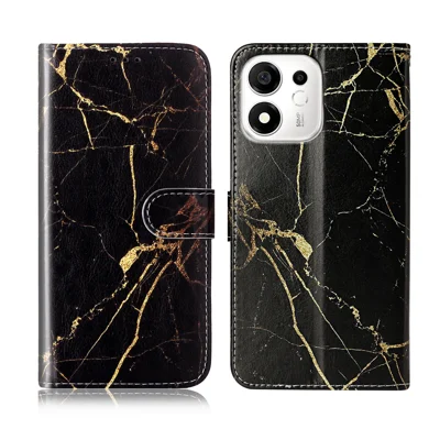 Folia na Honor X7e Plus 5G / Honor 600 Smart 5G z funkcją uchwytu, etui typu folio z portfelem, pokrowiec na telefon z kozłaka z motywem marmuru - Czarny złoty marmur