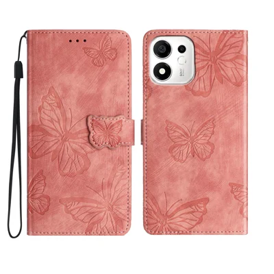 Etui na Honor X7e Plus 5G / Honor 600 Smart 5G, etui portfel z motywem motyla, skórzane etui z funkcją portfela, powłoka z dotykiem skóry - różowy