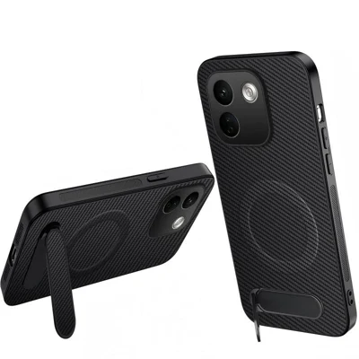  WANLONFENG for Xiaomi Redmi Note 17 Pro Max 5G / Xiaomi Redmi Note 17 Pro+ 5G QT Series Magnetic Case Kickstand Carbon Fiber Texture PC TPU Phone Cover - Black
