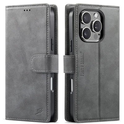 FIERRE SHANN FS032 für iPhone 16 Pro Max Hülle Magnetisch Abnehmbar PU-Leder RFID-Schutz-Brieftasche Handyhülle - Grau