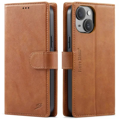 FIERRE SHANN FS032 Für iPhone 14 / 13 Hülle Magnetisch Abnehmbare PU-Leder RFID-Blocking Brieftaschen-Handytasche - Braun