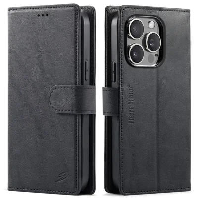 FIERRE SHANN FS032 Für iPhone 14 Pro Hülle Magnetisch Abnehmbare PU-Leder RFID-Schutz-Brieftaschen-Handytasche - Schwarz