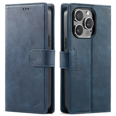 FIERRE SHANN FS032 For iPhone 13 Pro Case Magnetic Detachable PU Leather RFID Blocking Wallet Phone Cover - Blue