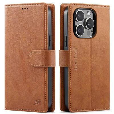 FIERRE SHANN FS032 For iPhone 12 Pro Max Case Magnetic Detachable PU Leather RFID Blocking Wallet Phone Cover - Brown