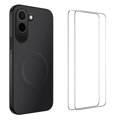 WANLONFENG voor OnePlus N6x 4G TQ1 Serie Magnetische Hoes Koolstofvezelstructuur PC TPU Telefoonhoes met 2 Stks Schermbeschermers - Zwart
