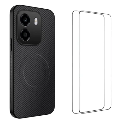  WANLONFENG pour Honor X6e 4G TQ1 Série Étui Magnétique Texture Fibre de Carbone PC TPU Housse de Téléphone avec 2 Pièces Films de Protection d'Écran - Noir