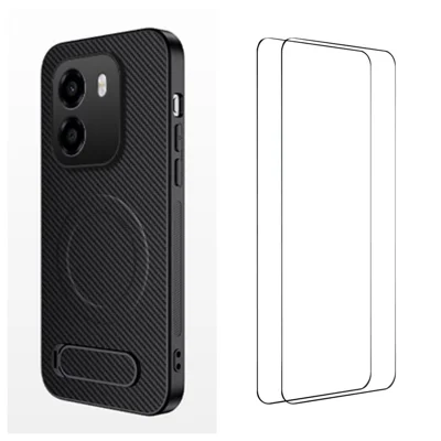 WANLONFENG pour Honor X6e 4G QT1 Série Étui Magnétique avec 2 Pièces Films de Protection en Verre Trempé Support Pied Arrière Texturé Fibre de Carbone PC TPU Couverture de Téléphone - Noir