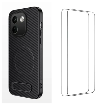 WANLONFENG dla Xiaomi Redmi Note 17 Pro Max 5G / Xiaomi Redmi Note 17 Pro+ 5G Seria QT1 Etui Magnetyczne z 2 szt. foliami hartowanymi Stojak z włókna węglowego PC TPU Pokrowiec na telefon - Czarny