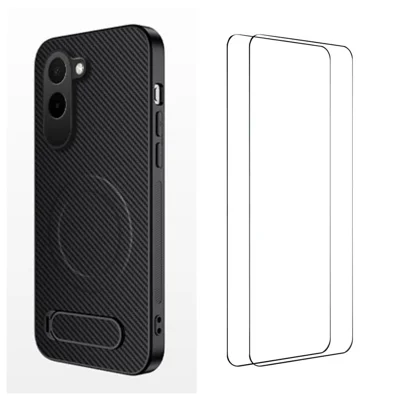  WANLONFENG voor OnePlus N6x 4G QT1 Serie Magnetische Hoes met 2 Stuks Gehard Glasfolies, Voetje, Koolstofvezelstructuur PC TPU Telefoonhoes - Zwart