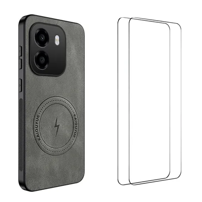 WANLONFENG pour Honor X6e 4G SD Series Étui Magnétique avec Texture Nappa Coque de Téléphone en PC TPU avec 2 Films d'Écran - Gris