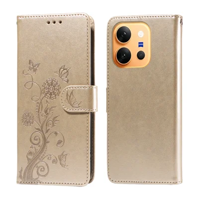  For vivo X300 E 5G Leather Case Butterfly Floral Imprint Wallet Stand Cover - Golden