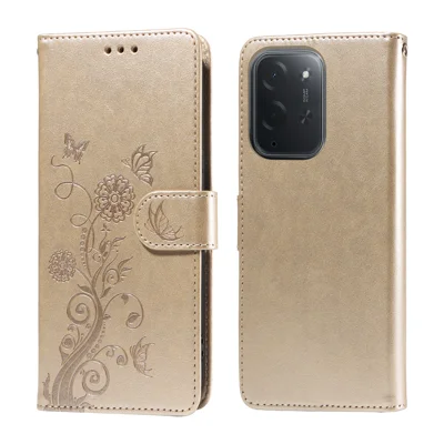  For Xiaomi Poco C95 Pro Leather Case Butterfly Floral Imprint Wallet Stand Cover - Golden