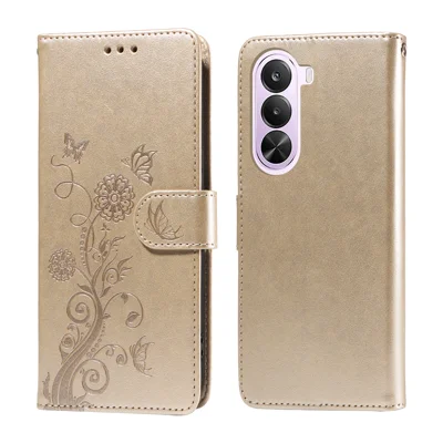  For OnePlus Nord CE6 Lite 5G / Realme P4x 5G Leather Case Butterfly Floral Imprint Wallet Stand Cover - Golden
