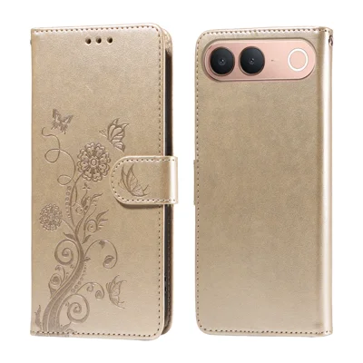 For vivo V80 Lite 5G (IN / PK) / vivo S2 5G Leather Case Butterfly Floral Imprint Wallet Stand Cover - Golden