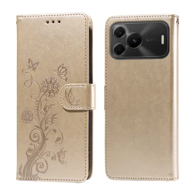  For Huawei nova 16 SE 5G Leather Case Butterfly Floral Imprint Wallet Stand Cover - Golden