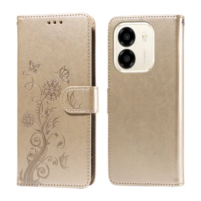  For Honor X7e 4G / Honor Play 80 Plus 5G / Honor X6e 4G Leather Case Butterfly Floral Imprint Wallet Stand Cover - Golden