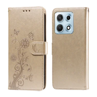 Für Motorola Edge 70 Max 5G Ledertasche Schmetterling Blumenprägung Mappenständerabdeckung - Golden