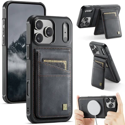 AUTSPACE för iPhone 18 Pro Max-fodral A12 Läderbakdel med magnetiskt avtagbar kortficka och kickstand - Svart