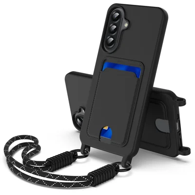 For Samsung Galaxy F70 Pro 5G / A27 5G Liquid Silicone Case  Phone Back Cover with Card Holder and Short Strap - Black