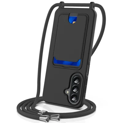 For Samsung Galaxy F70 Pro 5G / A27 5G Case Liquid Silicone Card Holder Back Phone Cover with Lanyard - Black