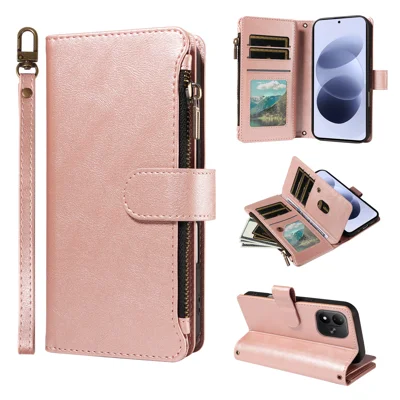  Voor Xiaomi Redmi Note 17 4G (Global) / Xiaomi Redmi Note 17 (India/China) 5G / Xiaomi Redmi Note 17 5G (Global) Leren Hoes 9 Kaartvakken Ritszakje Telefoonhoesje met Polsriem - Roségoud