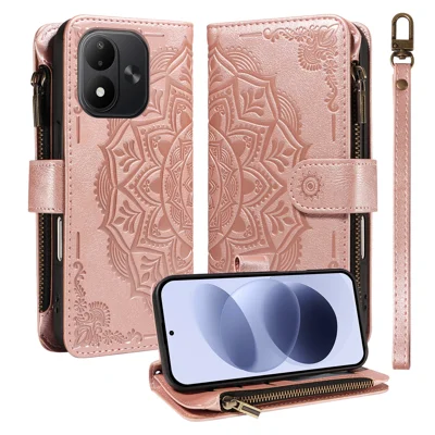  Voor Xiaomi Redmi Note 17 4G (Global) / Xiaomi Redmi Note 17 (India/China) 5G / Xiaomi Redmi Note 17 5G (Global) Portefeuillehoes 9 Kaarthouders RFID-blocking Mandala Reliefleer Fliphoes met Polsbandje - Roze Goud