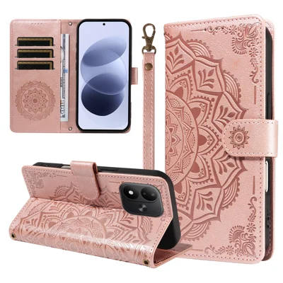  Walletcase met reliëfpatroon van mandala voor Xiaomi Redmi Note 17 4G (Global) / Xiaomi Redmi Note 17 (India/China) 5G / Xiaomi Redmi Note 17 5G (Global), PU-leer + TPU-hoes met polsbandje - Roze goud