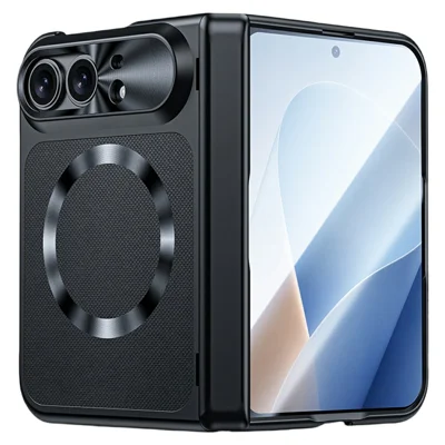 For iPhone Fold Magnetisk Case Automatisk Selv-lukkende Hinge Hudfølsomt Touch PC Telefonbeskytning med HD Hårdet Glasfilm - Sort