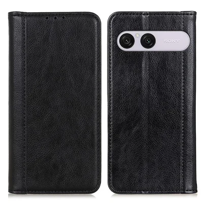 Cover con Supporto per Sony Xperia 10 VIII / 10 VII, Custodia Portafoglio in Ecopelle con Texture Effetto Litchi - Nero