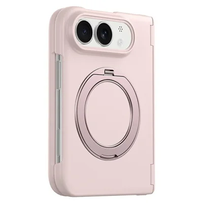 For iPhone Duo Magnetic Case Rotating Kickstand PC Foldable Phone Cover with Tempered Glass Screen Protector - Pink