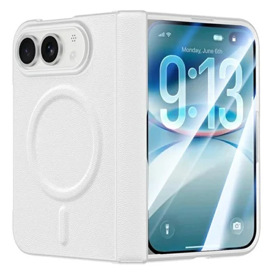 For iPhone Fold Magnetic Case Hinge Protection PU Leather + PC Foldable Phone Cover with Tempered Glass Screen Protector - White