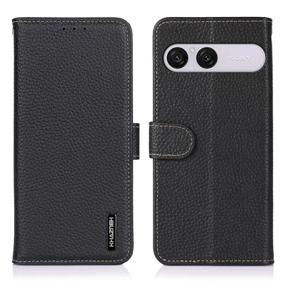 KHAZNEH Per Sony Xperia 10 VIII Custodia Portafoglio con Texture Effetto Litchi in Vera Pelle di Mucca, Cover Pieghevole - Nero