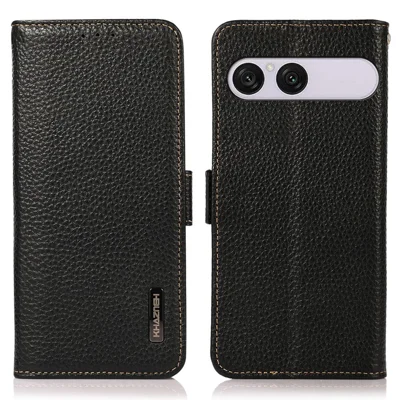 KHAZNEH per Sony Xperia 10 VIII Custodia per Telefono in Vera Pelle di Vacchetta con Texture Lichia - Protezione con Blocco RFID - Nero