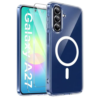For Samsung Galaxy A27 5G Magnetic Case Acrylic + TPU Anti-Yellow Shockproof Phone Cover + 2Pcs Tempered Glass Screen Protectors - Transparent