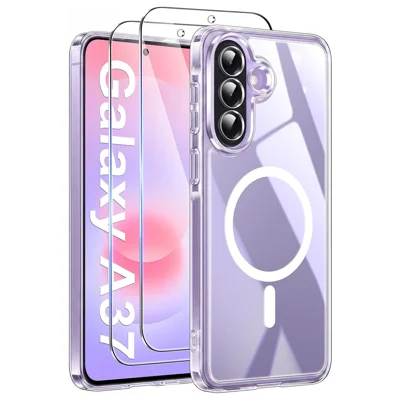 For Samsung Galaxy A37 5G Magnetisk Case Akryl + TPU Anti-Gulning Stødfast Telefonbeskyttelse + 2 stk. Temperslips Skærmprotokoller - Gennemsigtig