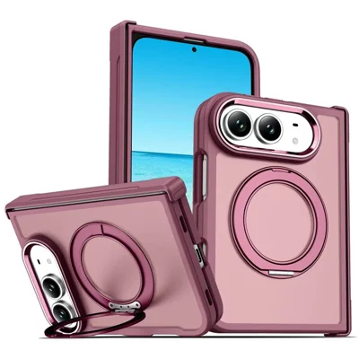 For iPhone Fold Magnetisk Case PC + TPU Ring Kickstand Metal Lensramme Beskyttelsesdæksel - Kirsebær Rød