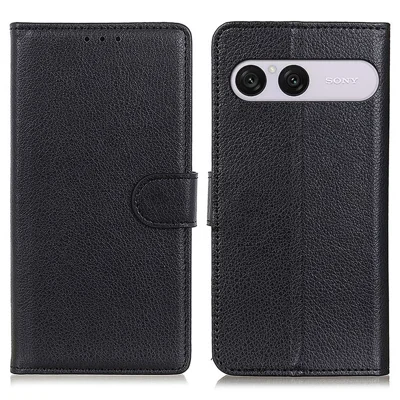 Cover portafoglio per Sony Xperia 10 VIII, custodia in pelle PU con texture effetto litchi - Nero