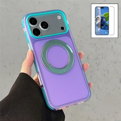 For iPhone 18 Pro / 17 Pro Case Roterende Magnetisk Stand TPU + Akryl Telefonbeskyttelse med Hærdet Glas Skærmprotector - Taro Lilla