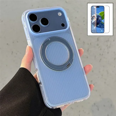 For iPhone 18 Pro Max / 17 Pro Max Case Rotating Magnetic Kickstand TPU + Akryl Telefondæksel med Hærdet Glas Skærmværn - Mist Tide Blue