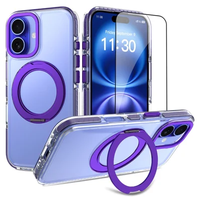 Obudowa na iPhone'a 16 z obracającą się magnetyczną podstawką Akrylowa + TPU odporna na wstrząsy obudowa z hartowaną folią na ekran - Fioletowa