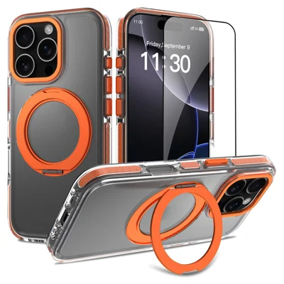 لـ iPhone 16 Pro غطاء دوار بحامل مغناطيسي مدمج من الأكريليك + غطاء هاتف مقاوم للصدمات من TPU مع واقي شاشة من الزجاج المقوى - برتقالي