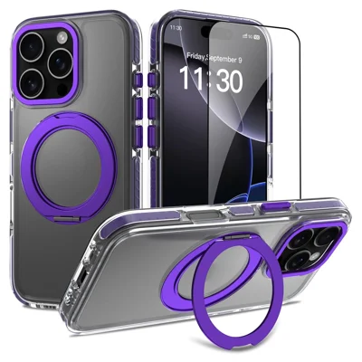 For iPhone 16 Pro Max Case Rotating Magnetic Kickstand Acrylic + TPU Shockproof Phone Cover with Tempered Glass Screen Protector - Purple