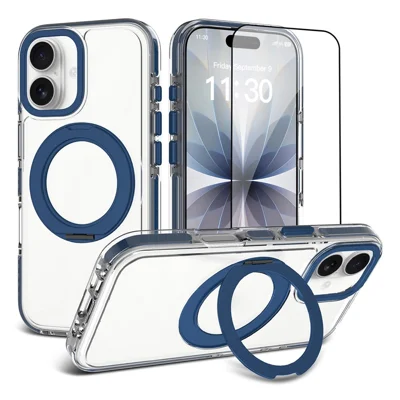 غطاء لهاتف iPhone 17 بحامل مغناطيسي دوار وواقي من الأكريليك + TPU مقاوم للصدمات مع فيلم واقي من الزجاج المقوى - أزرق