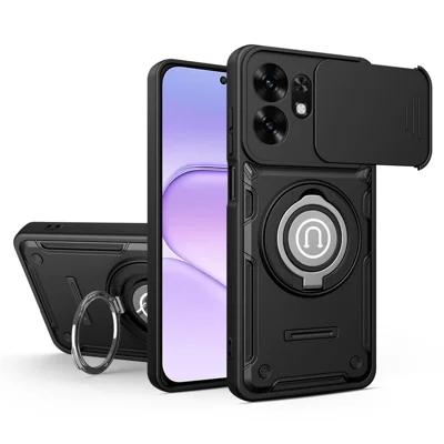 Phone Case with Slide Camera Cover for Honor 600 Smart 5G / X7e Plus 5G / X7e Plus 4G , Ring Kickstand PC + TPU Back Shell - Black