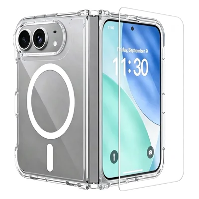 For iPhone Fold Magnetic Case TPU 2.0mm Acrylic Phone Cover with HD Clear High Aluminium-silicon Glass Outer Screen Film - Transparent